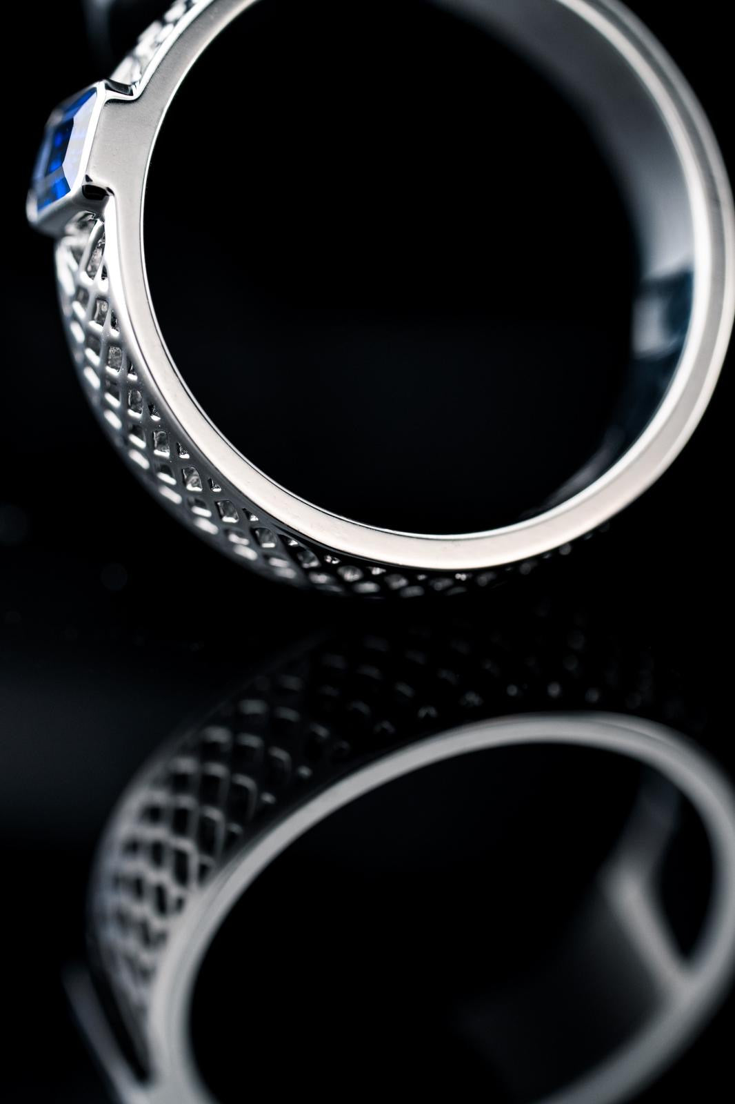 RIAZ blue gemstone band commission, studio view
