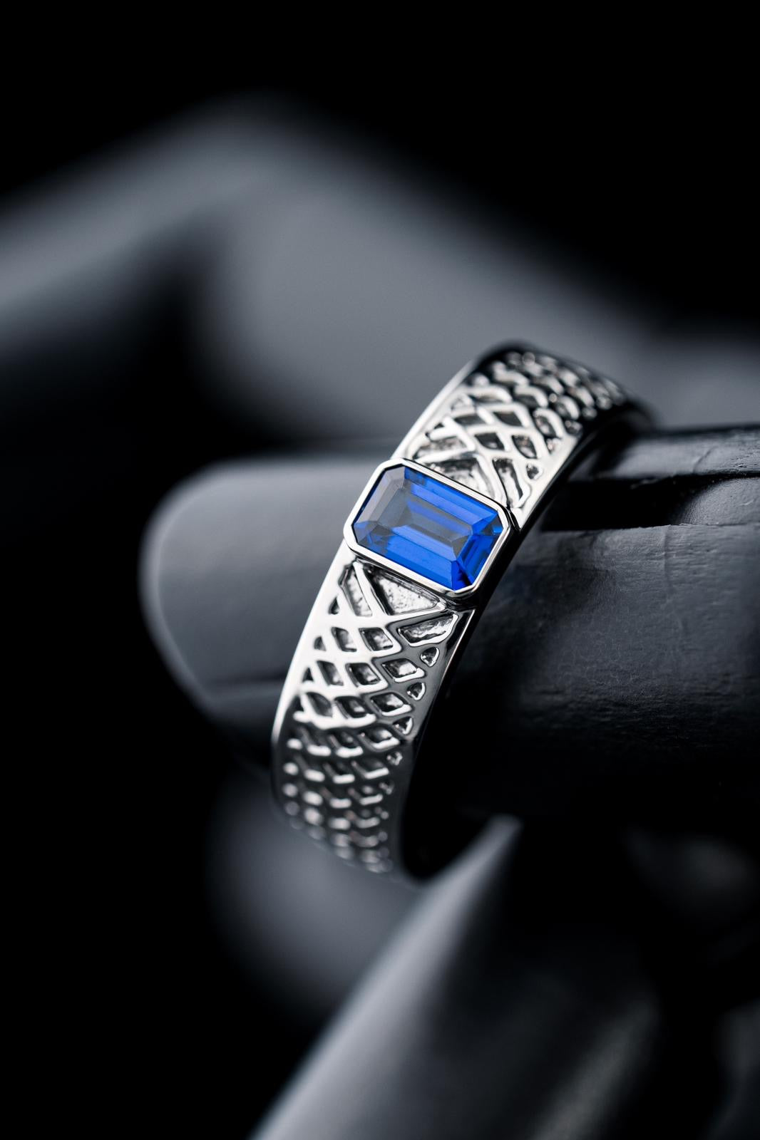 Blue sapphire and white metal custom band by RIAZ