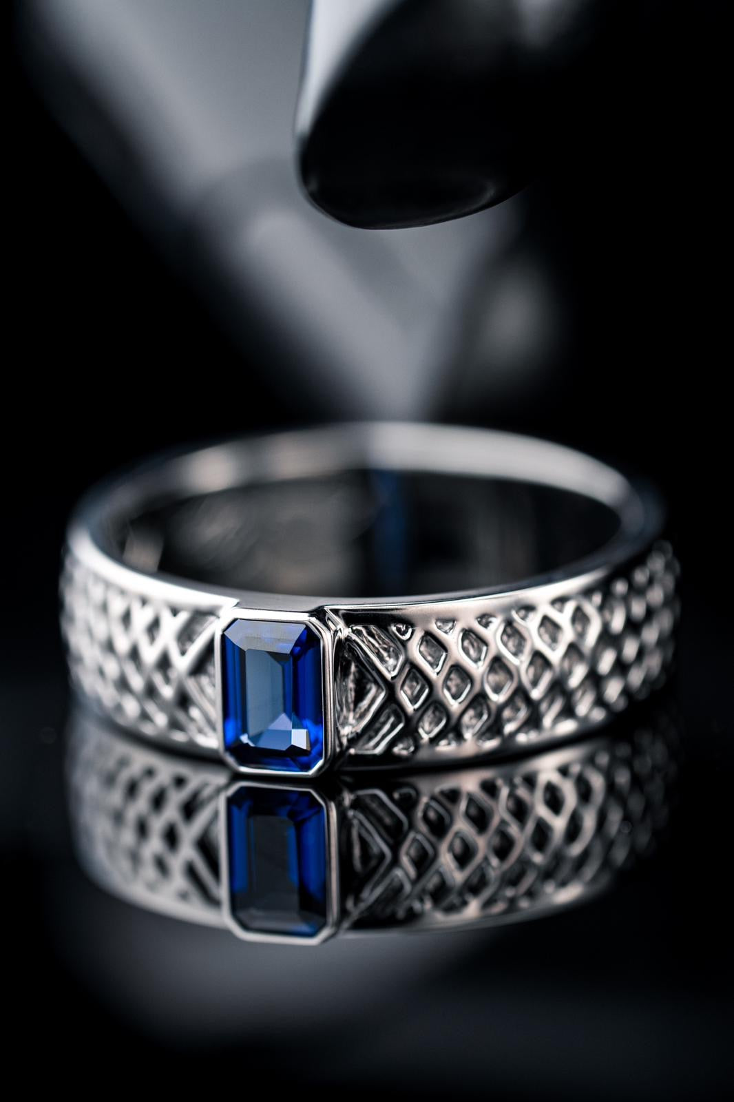 Blue sapphire and white metal custom band by RIAZ