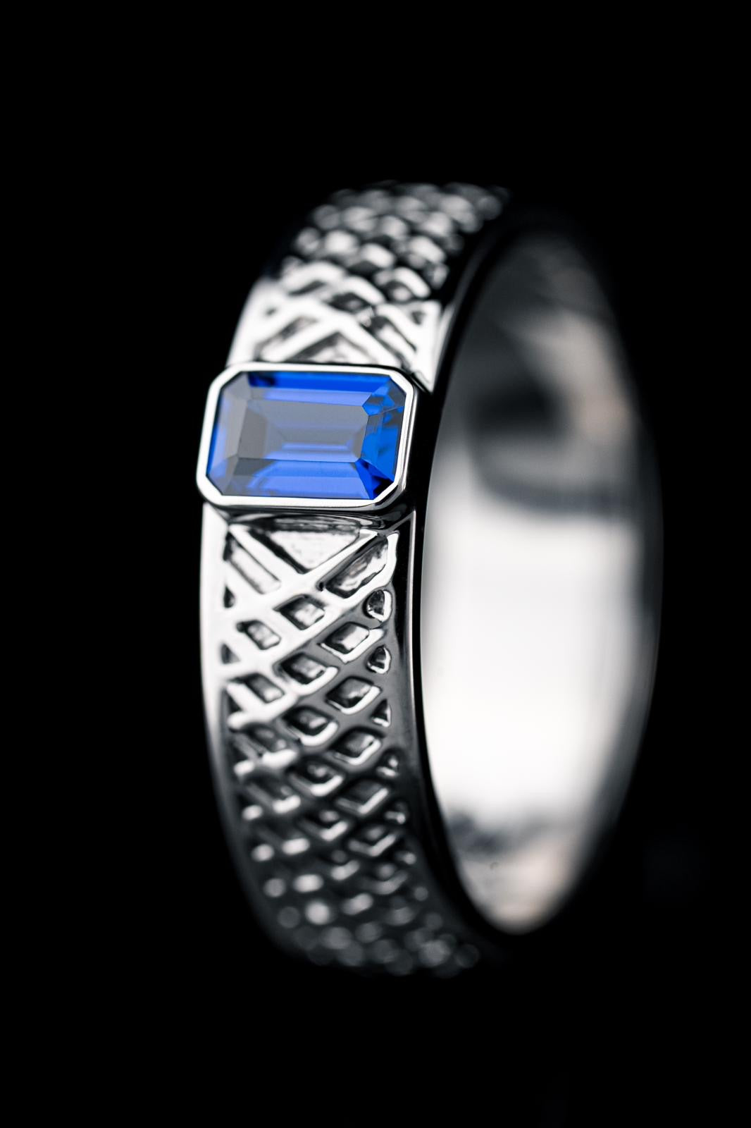 Blue sapphire and white metal custom band by RIAZ